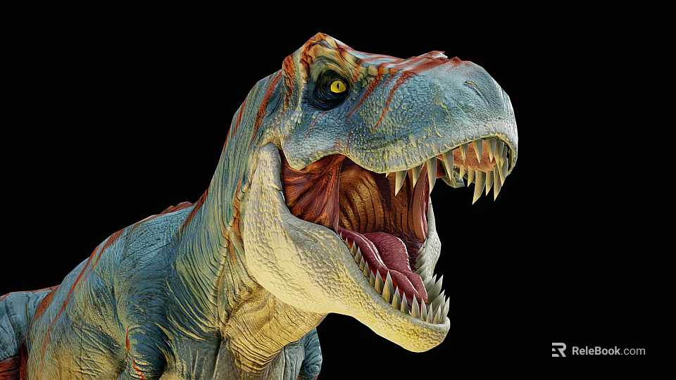 Reptile Dinosaur Head with Open Mouth Sharp Teeth Blue Red Patterns on Black Background 3d model 