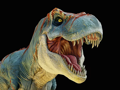 Reptile Dinosaur Head with Open Mouth Sharp Teeth Blue Red Patterns on Black Background 3d model