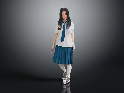 Woman In School Uniform White Shirt Blue Tie Pleated Skirt And Sneakers 3d model