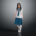 Woman In School Uniform White Shirt Blue Tie Pleated Skirt And Sneakers