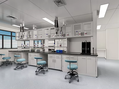 Modern Laboratory Interior With Lab Benches Blue Chairs And Storage Cabinets 3d model