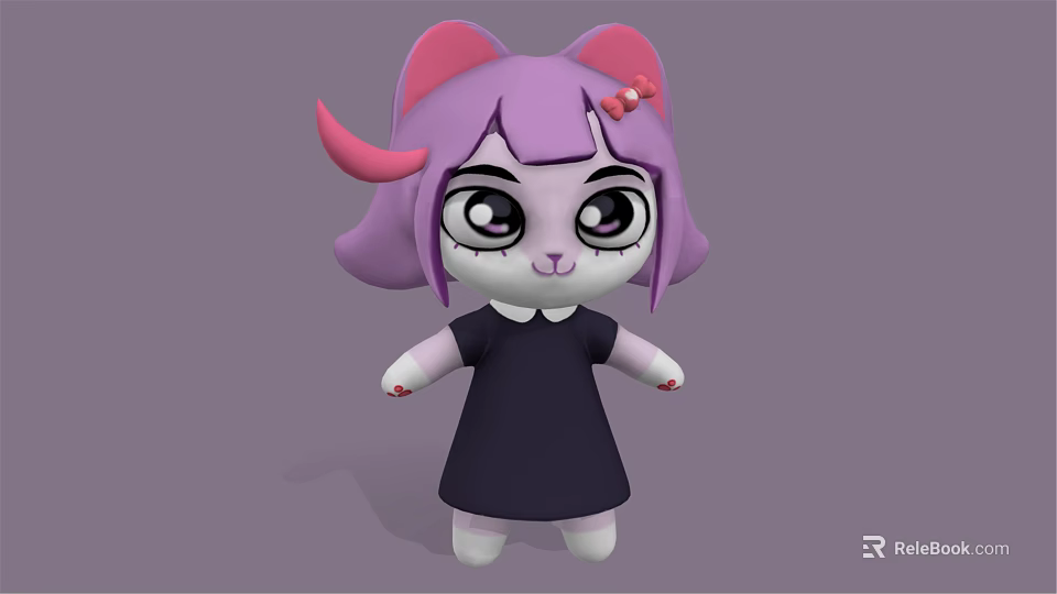 Cartoon Character With Pink Horns Cat Ears Purple Hair Red Bow And Black Dress 3d model 