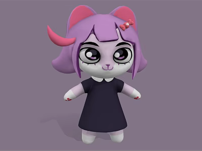 Cartoon Character With Pink Horns Cat Ears Purple Hair Red Bow And Black Dress 3d model