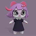 Cartoon Character With Pink Horns Cat Ears Purple Hair Red Bow And Black Dress