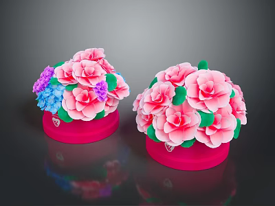 Decorative Potted Plants With Pink Flowers Purple Blue Small Blooms Green Leaves In Pink Pots 3d model