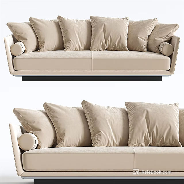 Modern Beige Two Seater Sofa With Plush Cushions Rounded Armrests And Black Base Design 3d model