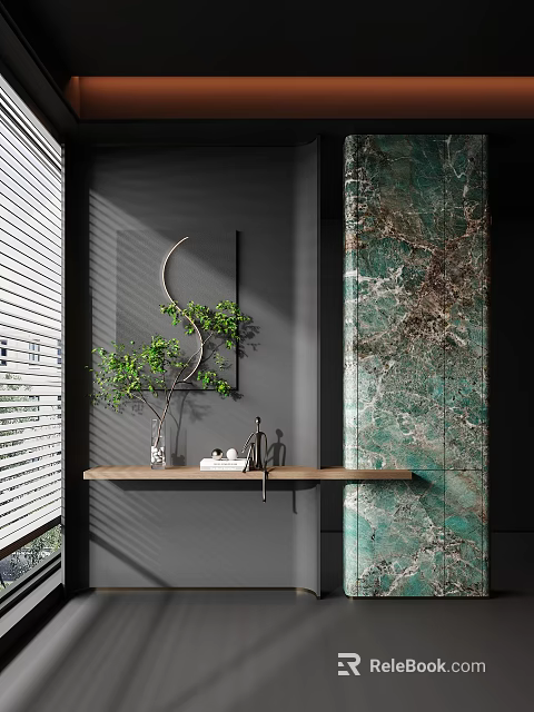 Modern Entryway Design With Gray Wall Green Marble Wooden Shelf Green Plant And Light Shadow 3d model 