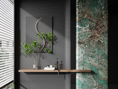 Modern Entryway Design With Gray Wall Green Marble Wooden Shelf Green Plant And Light Shadow 3d model