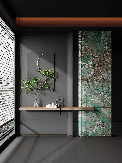 Modern Entryway Design With Gray Wall Green Marble Wooden Shelf Green Plant And Light Shadow 3d model