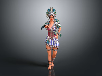 Traditional Ethnic Costume With Blue White Stripes Green Blue Decorative Headdress Shoulder Armor And Anklets 3d model