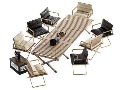 Outdoor Wooden Dining Table Set With Black Beige Metal Frame Chairs And Table Items 3d model