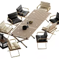 Outdoor Wooden Dining Table Set With Black Beige Metal Frame Chairs And Table Items