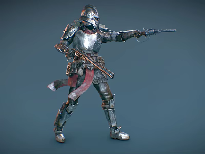 Shiny Silver Armored Game and Movie Character Wielding Spear in Battle Stance 3d model
