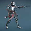 Shiny Silver Armored Game and Movie Character Wielding Spear in Battle Stance