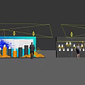 Exhibition Wall for Expo Events with Display Elements Blue Yellow Graphics and People Interacting