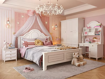 Romantic White Princess Style Children Bed With Full Matching Furniture For Sweet Pink Girls Bedroom 3d model