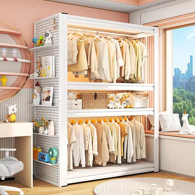 Organized Clothes Hangers In Modern Closet With Hanging Clothes Shelves And City View 3d model