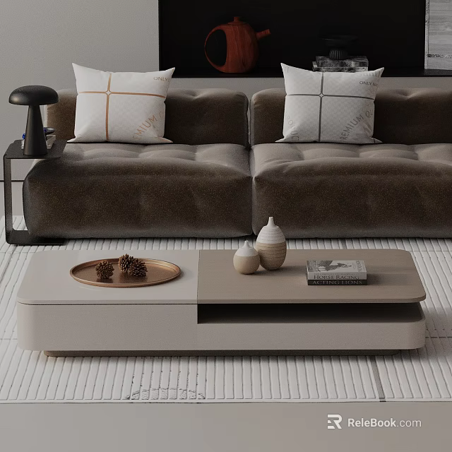 Dark Brown Sofa with Geometric Pillows and Light Gray Coffee Table Set Featuring Wooden Tray Pinecones White Vases and Book 3d model 