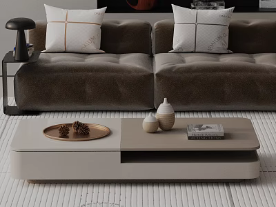 Dark Brown Sofa with Geometric Pillows and Light Gray Coffee Table Set Featuring Wooden Tray Pinecones White Vases and Book 3d model