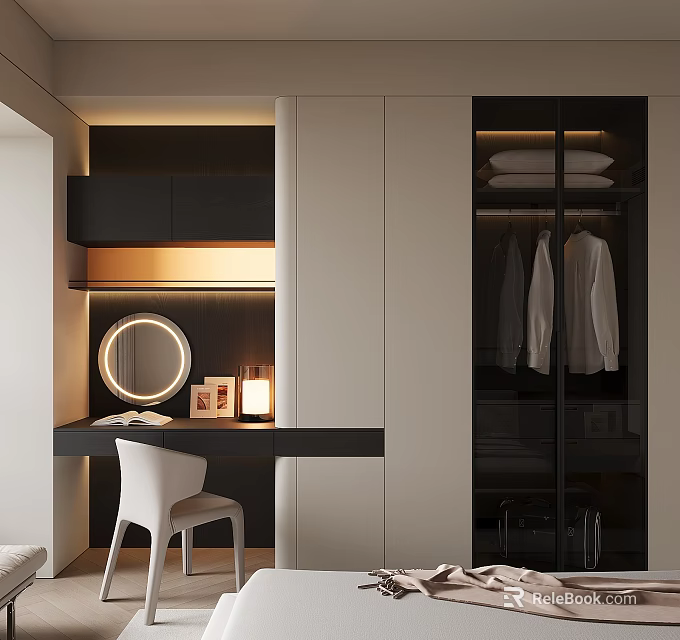 Modern Wardrobe Interior Design With Glass Doors Dressing Table And Warm Lighting 3d model