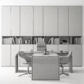 Modern Office Desk With Curved Design Black Chairs And Bookshelves Filled With Books Decorative Items