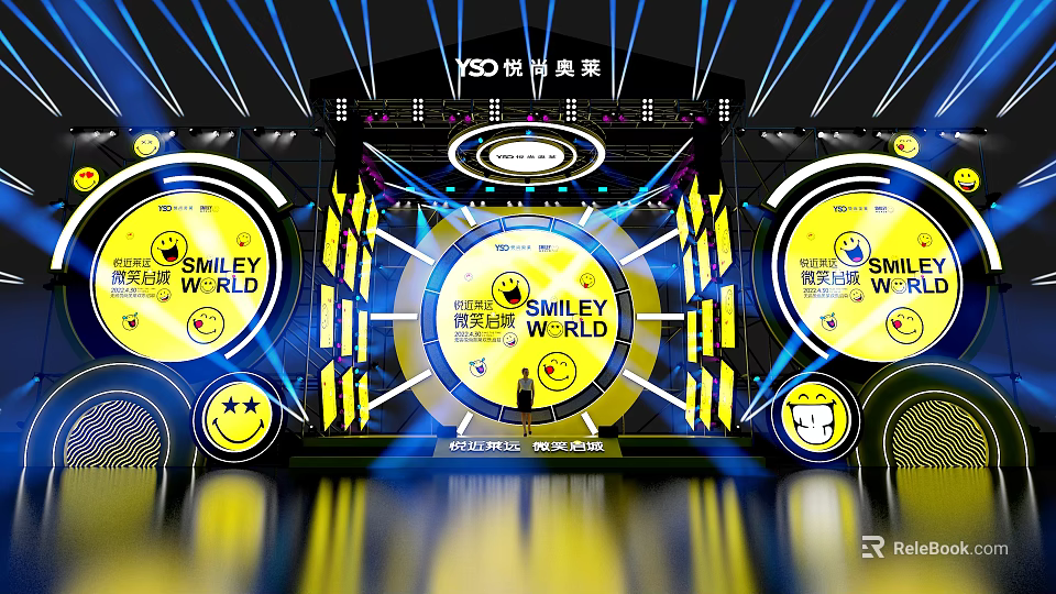 Smiley World Stage Design With Yellow Black Elements And Lighting Effects 3d model