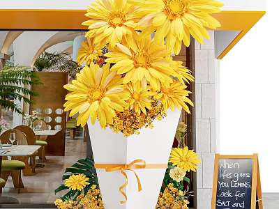 Event Entrance Decorated With Yellow Sunflowers And Chalkboard Sign For New Organic Menu 3d model