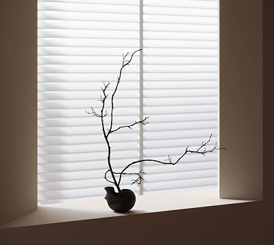 Decorative Ornament Set With Black Vase And Twigs On Window Sill With White Blinds 3d model