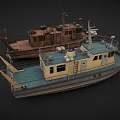 Vintage Ships with Yellow Blue Hulls and Rustic Brown Structures on Dark Background