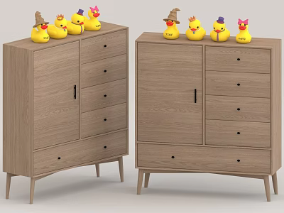 Wooden Bookcase With Drawers And Doors Topped With Rubber Duck Toys And Decorative Hats 3d model