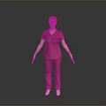 Woman in pink medical uniform with cap and gloves standing on gray background