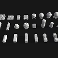 White 3D Models of Various Industrial Tech Shapes with Supports and Structures
