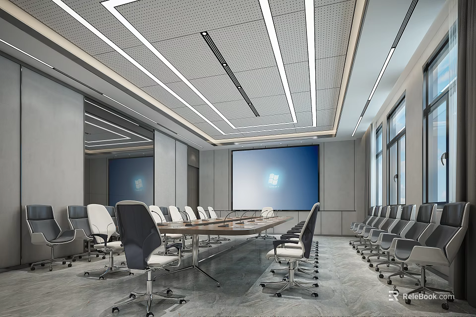 Modern Conference Room Featuring Long Table Ergonomic Chairs Large Screen And Floor to Ceiling Windows 3d model 