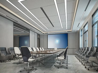 Modern Conference Room Featuring Long Table Ergonomic Chairs Large Screen And Floor to Ceiling Windows 3d model