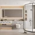 Modern Bathroom Interior With Backlit Mirror Marble Vanity And Walk In Shower