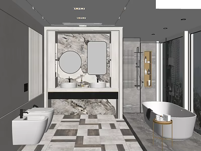 Contemporary Bathroom Interior With Marble Wall Double Sink Vanity Round Mirror And Freestanding Bathtub 3d model