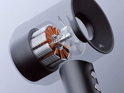 Hair Dryer With Transparent Shell Showing Internal Copper Coils Motor Black Body And Buttons 3d model