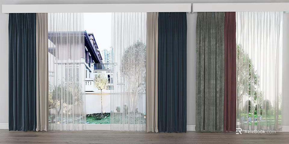 Various Colored Curtains With Sheer Panels And Outdoor View Of Buildings Trees 3d model 