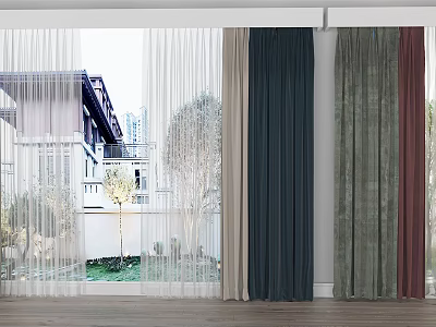 Various Colored Curtains With Sheer Panels And Outdoor View Of Buildings Trees 3d model