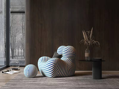 Blue White Striped Single Sofa with Stool Side Table Dried Flowers in Modern Interior 3d model