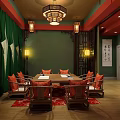 Traditional Chinese Dining Room Interior With Round Table Chairs Green Curtains And Decorative Wall Art