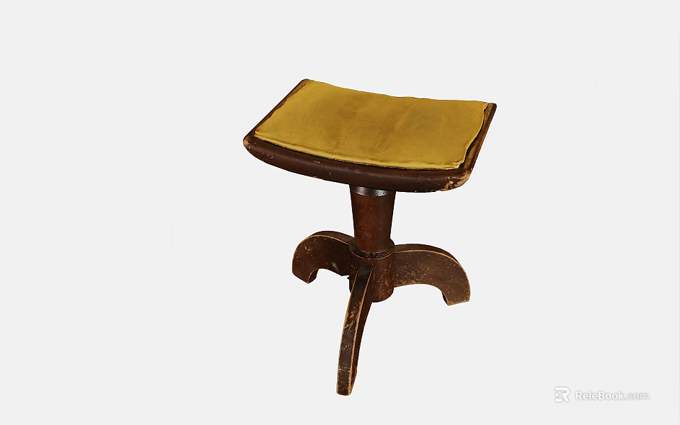 Vintage Wooden Stool With Yellow Leather Cushion And Carved Leg Design 3d model 