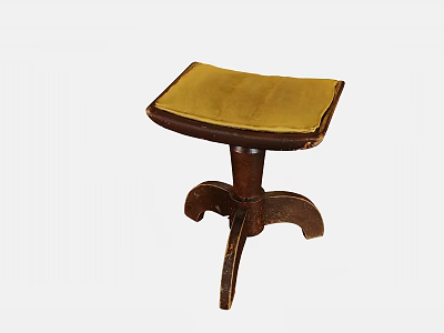 Vintage Wooden Stool With Yellow Leather Cushion And Carved Leg Design 3d model