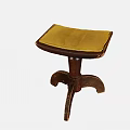 Vintage Wooden Stool With Yellow Leather Cushion And Carved Leg Design