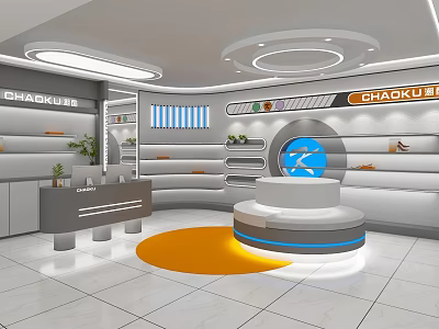 CHAO KU Shopping Mall Counter Interior With Shelves Circular Display Platform And Bright Lighting 3d model