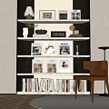 Modern Dark Brown Bookshelf With Books Photo Frames Decor Items And Brown Chair Floor Lamp