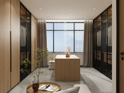 Modern Walk in Closet Interior Design With Wooden Cabinets Glass Doors And Central Island 3d model