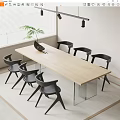 Light Wood Dining Table Set With Six Black Chairs Clear Glass Legs And Potted Plant