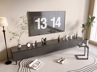 Modern Black TV Stand with Wall Mounted TV Decorative Figurines Clock Vase and Potted Plant 3d model