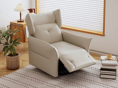 Beige Leather Recliner Chair With Adjustable Footrest Wooden Floor Potted Plant And Window Blinds 3d model